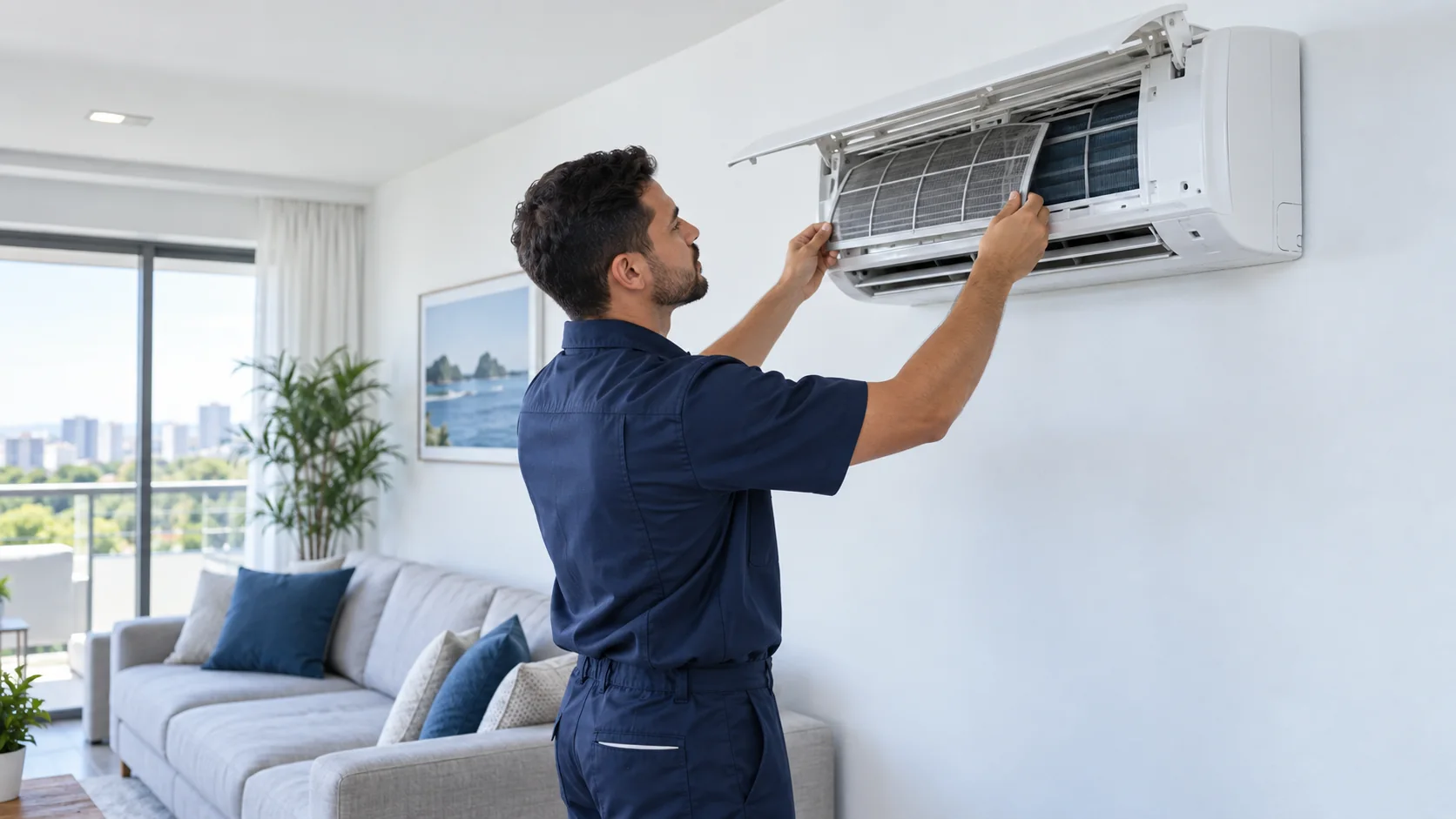 Técnico realizando manutenção em ar-condicionado split em uma sala